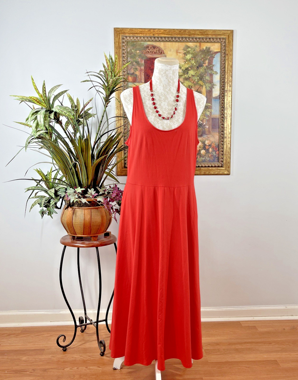 A New Day Women's Dress Large Stretch Red Sleeveless Scoop Neck Maxi Boho Resort